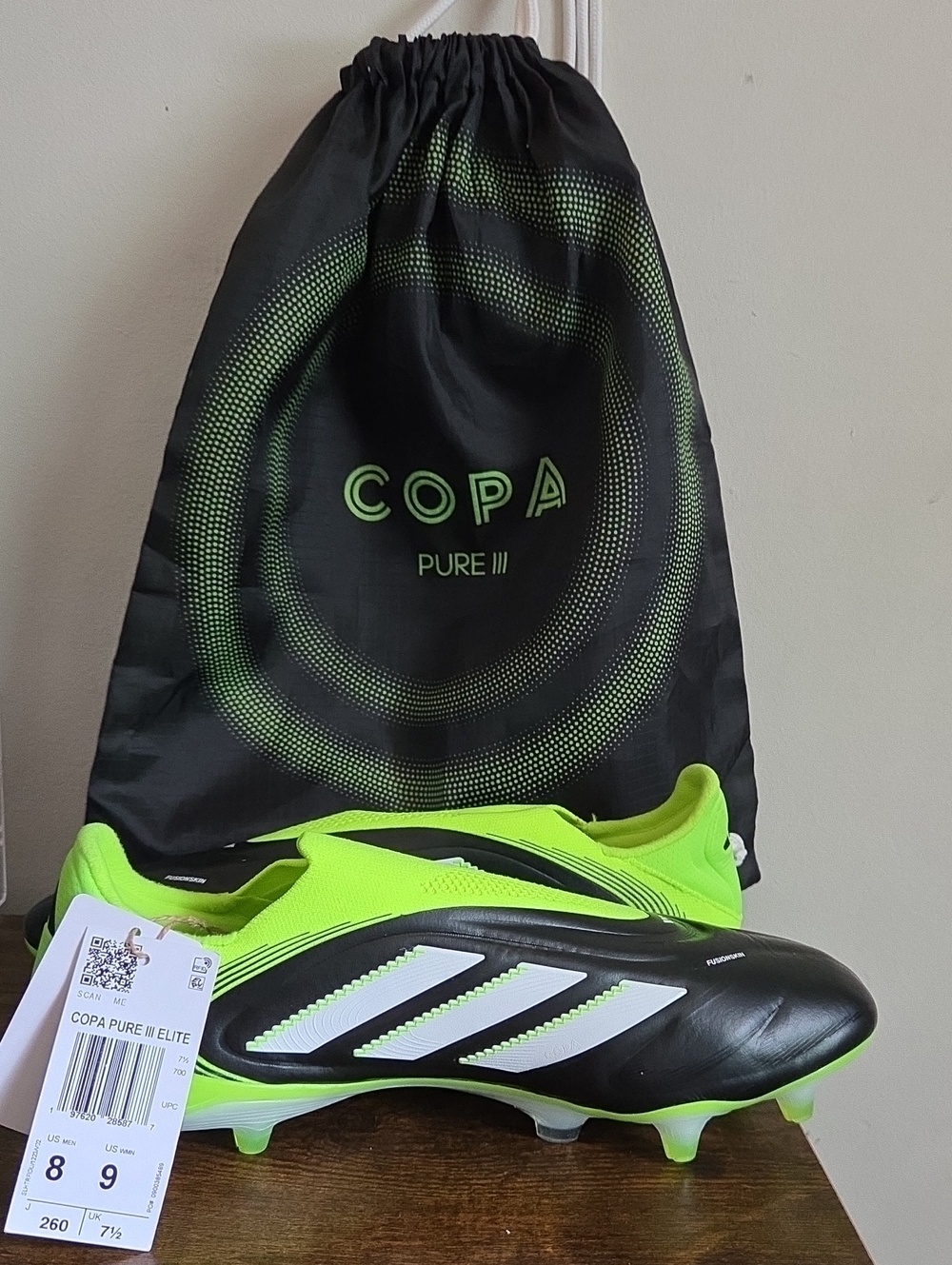 adidas Copa Pure III Elite Soccer Cleats  LACELESS— Black & Neon Green